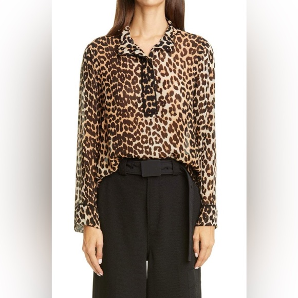 Ganni Tops - GANNI Printed Georgette Shirt Leopard Size 34 New